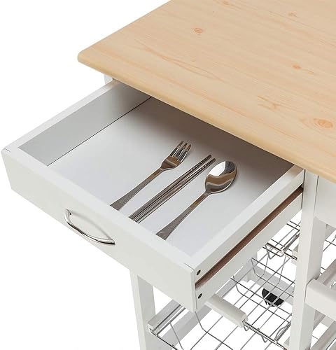 Miniatura 6 de Carrito de isla de cocina con cestas, isla de cocina rodante sobre ruedas con almacenamiento, carrito de cocina con cajón, blancobeige