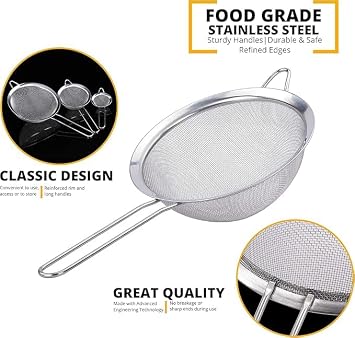 Sieves and Strainers Set - Metal Sieve Stainless Steel, Fine Mesh Strainer | Pack of 3 | Kitchen Sieve Fine Mesh, Sive Cooking, Flour for Baking Rust Free Seive, Dishwasher Safe SIV, Colander