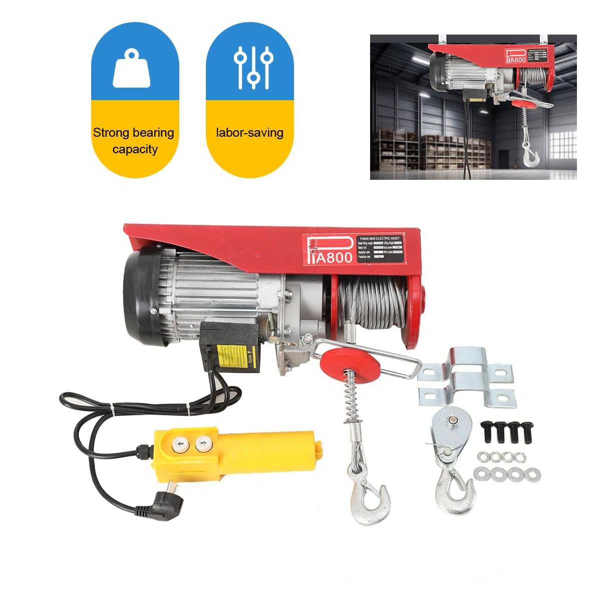 Elektrische Seilwinde 400kg bis 800kg Hubhöhe 12m Seilzug Motorwinde 1300W Kupfermotor Flaschenzug 8m/min Hubgeschwindigkeit Hebezug mit Kabelloser Fernbedienung Seilhebezug Kettenzug