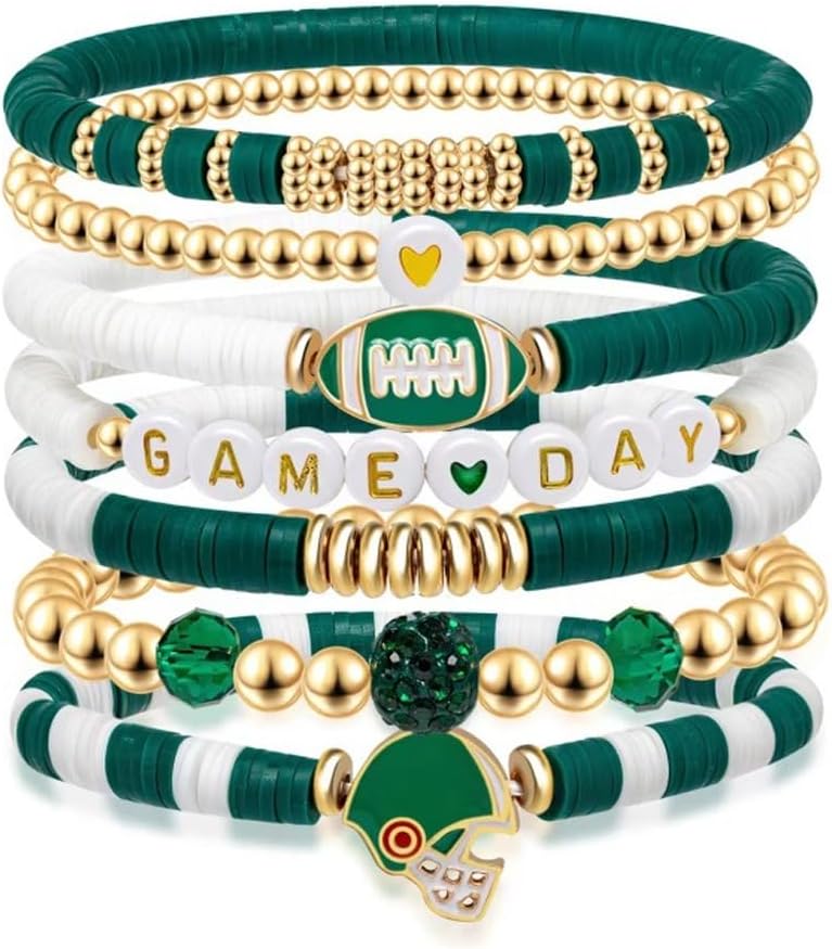 7 Green Charm Bracelets, Stackable Sports Bracelets - Gifts for Fans