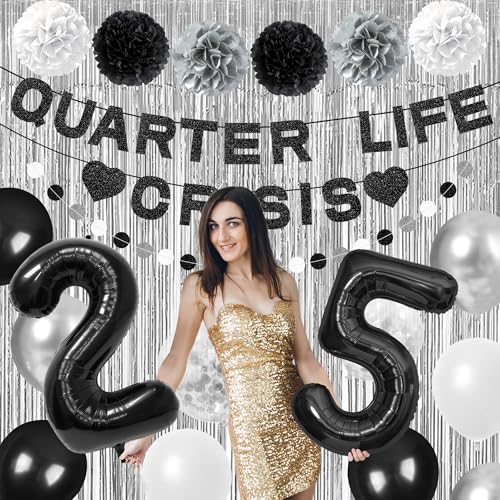 Image of Holkcog 25th Birthday Decoration for Women, Quarter Life Crisis to 25 Years Banner Black 25 Balloons Numbers Give Her Cheering 25th Birthday Gift 25th Birthday Party Supplies