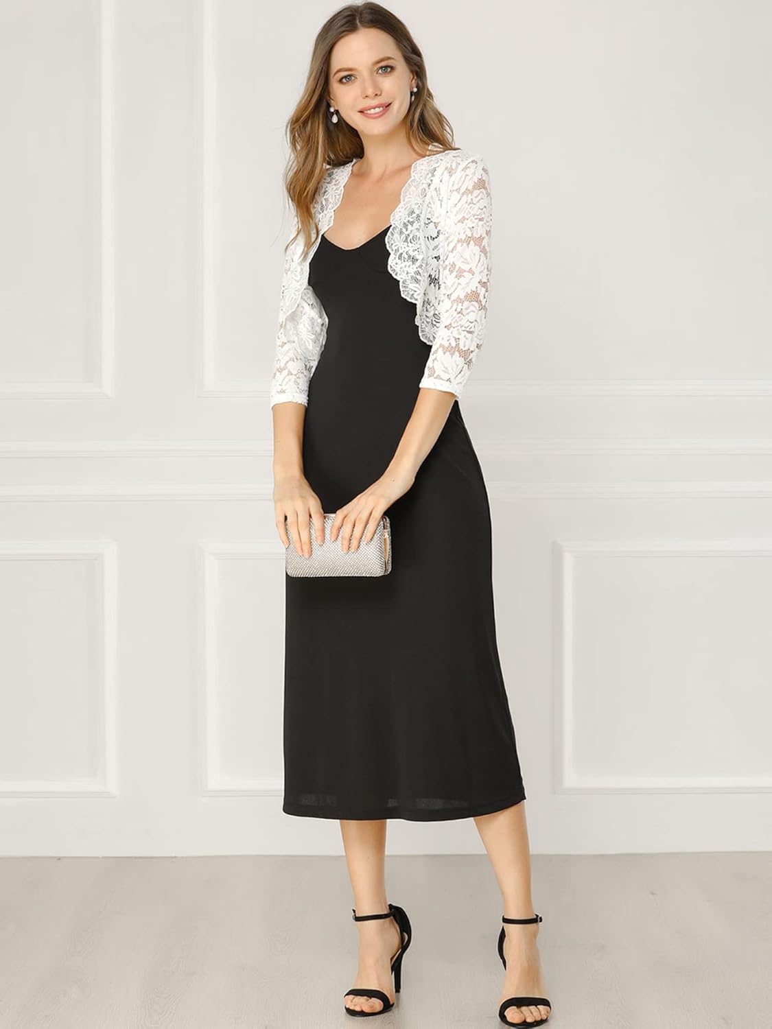 Allegra K Women's Elegant 3/4 Sleeve Sheer Floral Lace Shrug Top - Image 3