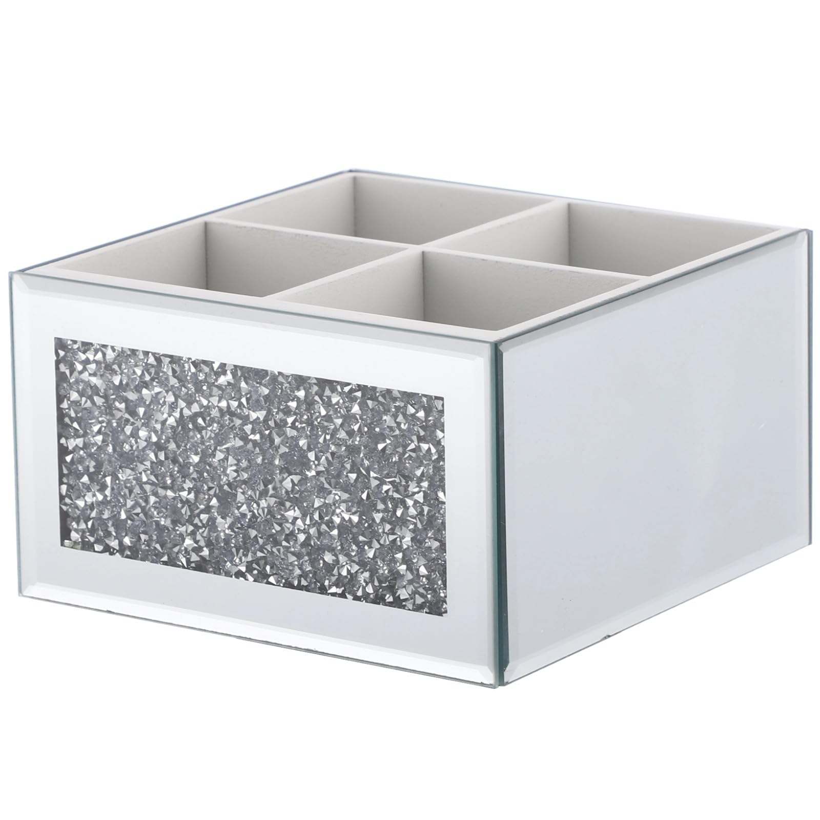 Porta pennelli da trucco, girevole a 360°, in vetro, per comò, design con intarsio in cristallo argento, 4 scomparti multifunzionali per telecomando e portapenne, 15 x 15 x 8,6 cm