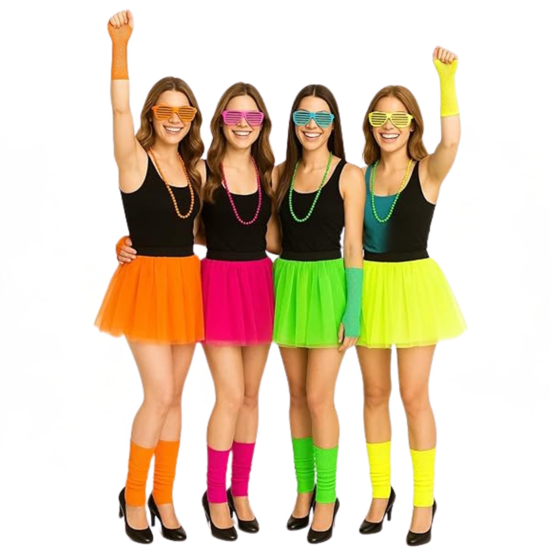 labreeze 80s Neon Fancy Dress Costume Set, Women's One Size, Shutter Glasses, Beads Necklace, Tutu Skirt, Leg Warmers and Fishnet Gloves (Pink)