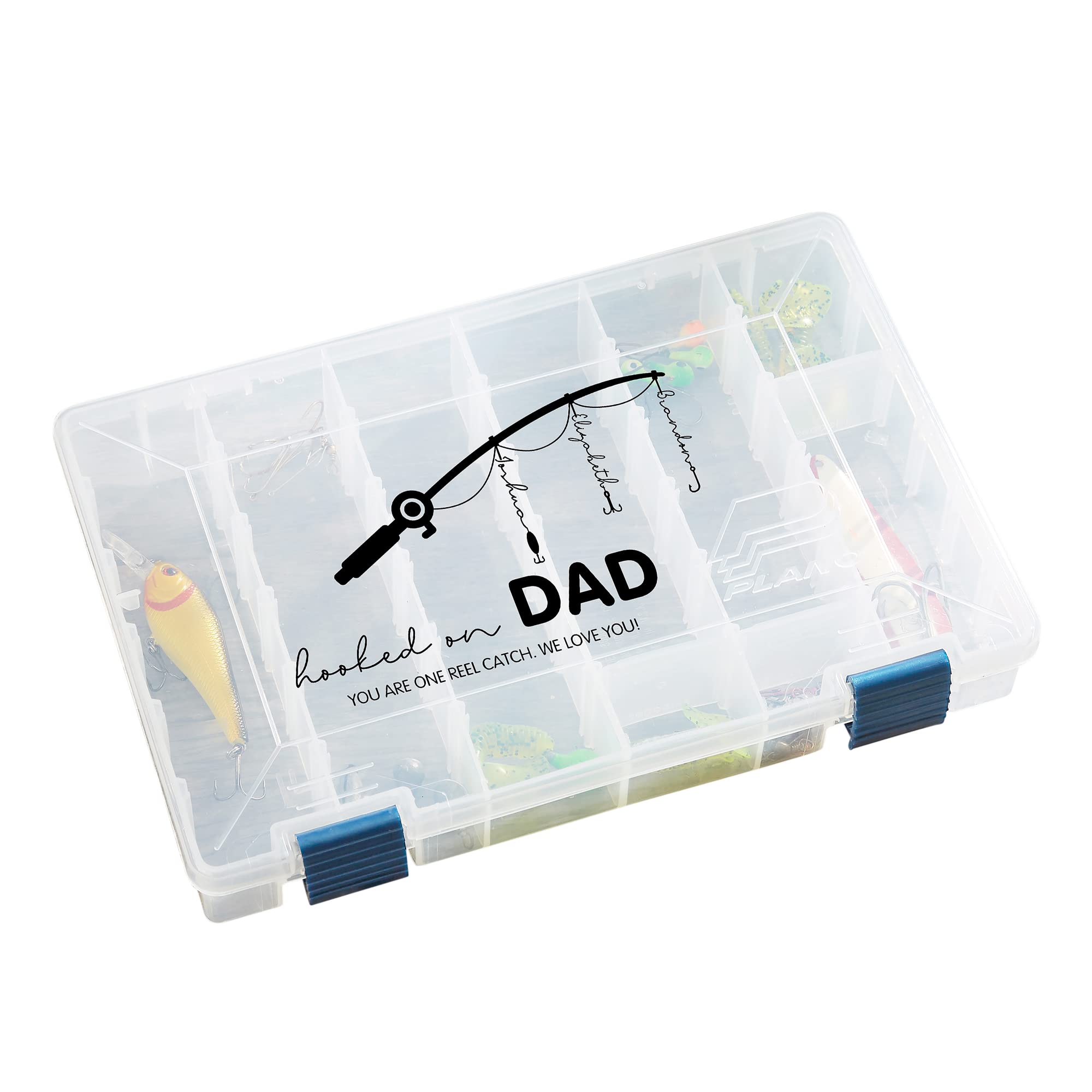 Personalization Universe Hooked On Dad Custom Plano Tackle Box - Ideal Father's Day Fishing Gear Organizer, Personalized Tackle Box for Dad