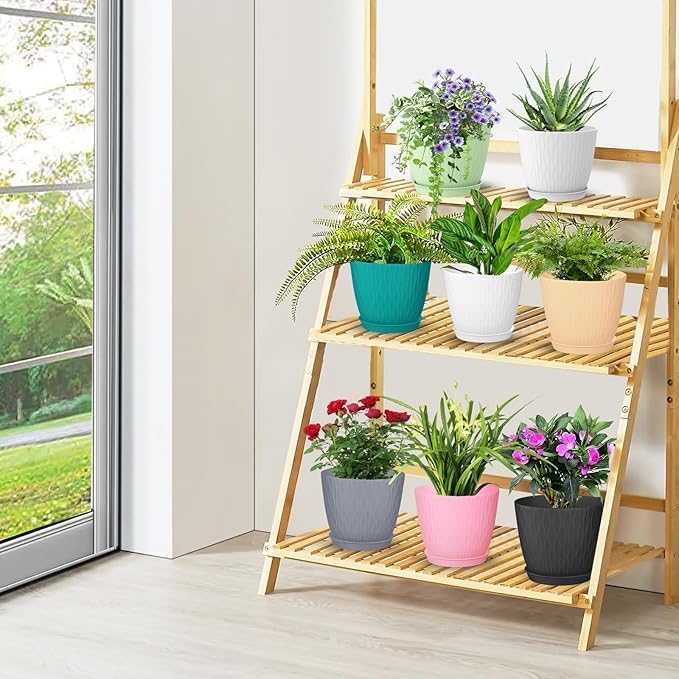 Image of Leafly Plastic Round Flower Pots with Drainage Hole Saucers | Durable Outdoor Indoor Wave Pattern Planter with Tray, Plant Container for Garden, Office, Balcony and Home (5PCS, UNIC Wave Multicolour)