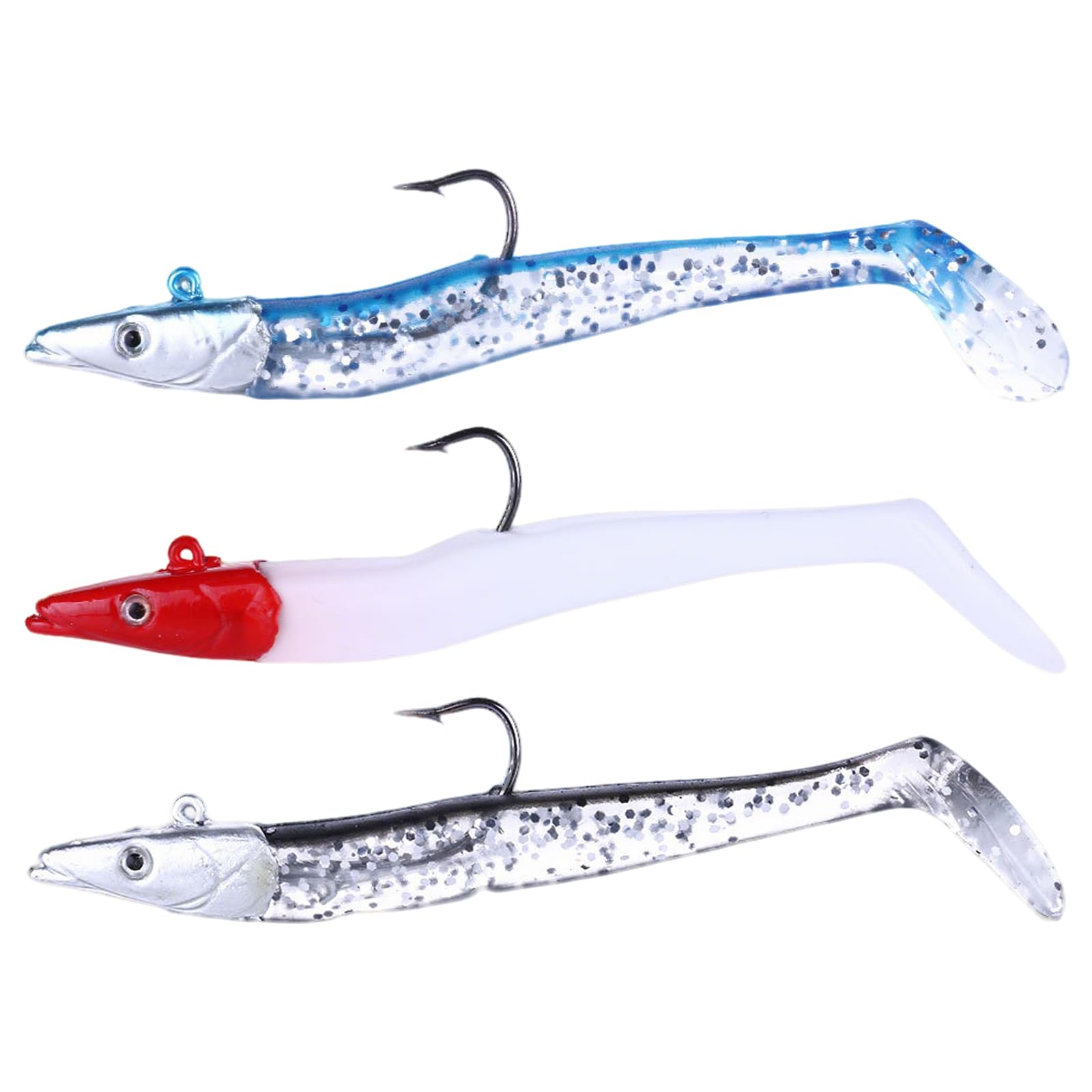 3 Pack Sandeels Weedless Bass Sea Trout Fishing Lures Cod Pollock Saltwater Cod Sand Eel Sandeel Soft Bait Plastic Silicone Lure Realistic Paddle Tail Swim Action Mackerel 3d Eyes Jig Pike 22 Gram