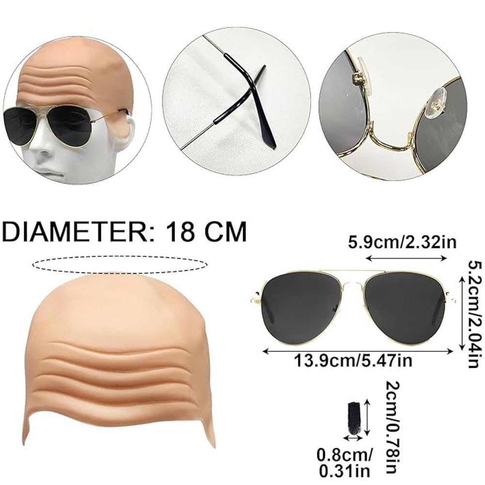 HTGWCG Adults Mr Worldwide Accessory Set, Nude Latex Bald Cap, Black Sunglasses, Black Soul Patch - Image 2
