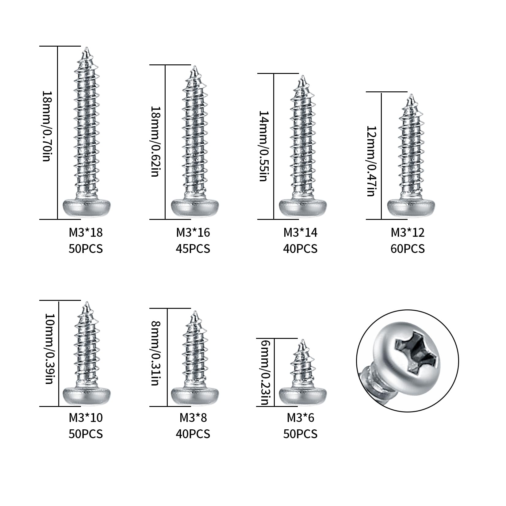 M3 Pan Head Screws, 35 Pcs Self Tapping Screws for Wood Screws Assortment Set Carbon Steel Phillips Round Head Tapping Screws - Image 2