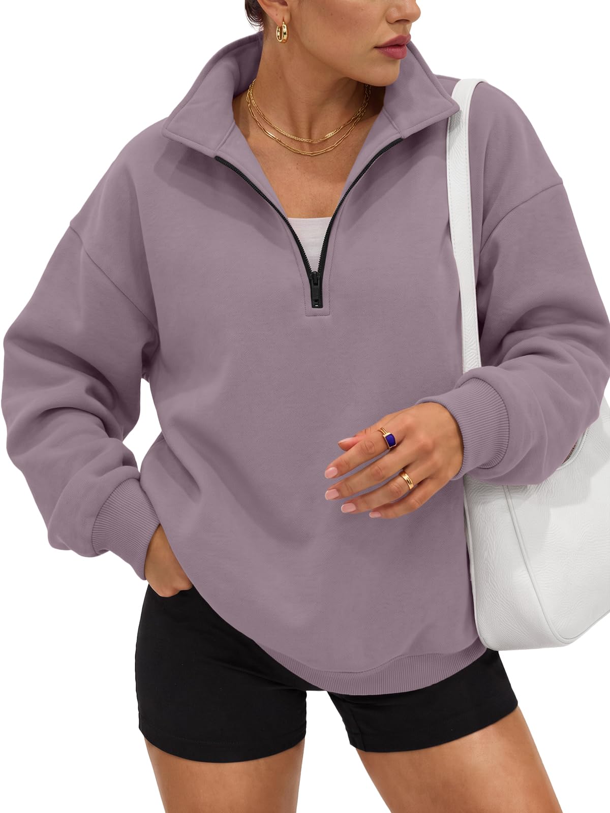 Trendy Queen Damen Sweatshirt, übergroß, modisch, mit halbem Reißverschluss, Langarm-Shirt, Kleidung, Outfit