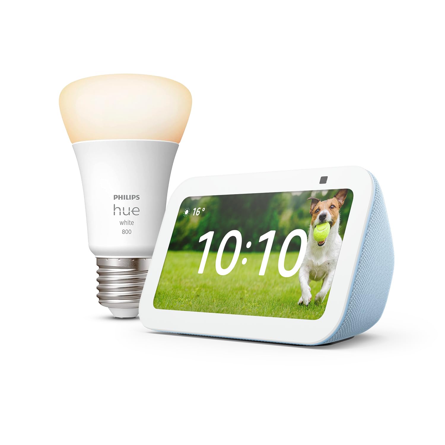 Echo Show 5 (3.ª generación) | Gris azulado + Philips Hue White Bombilla Inteligente (E27), compatible con Alexa - Kit de inicio de Hogar digital