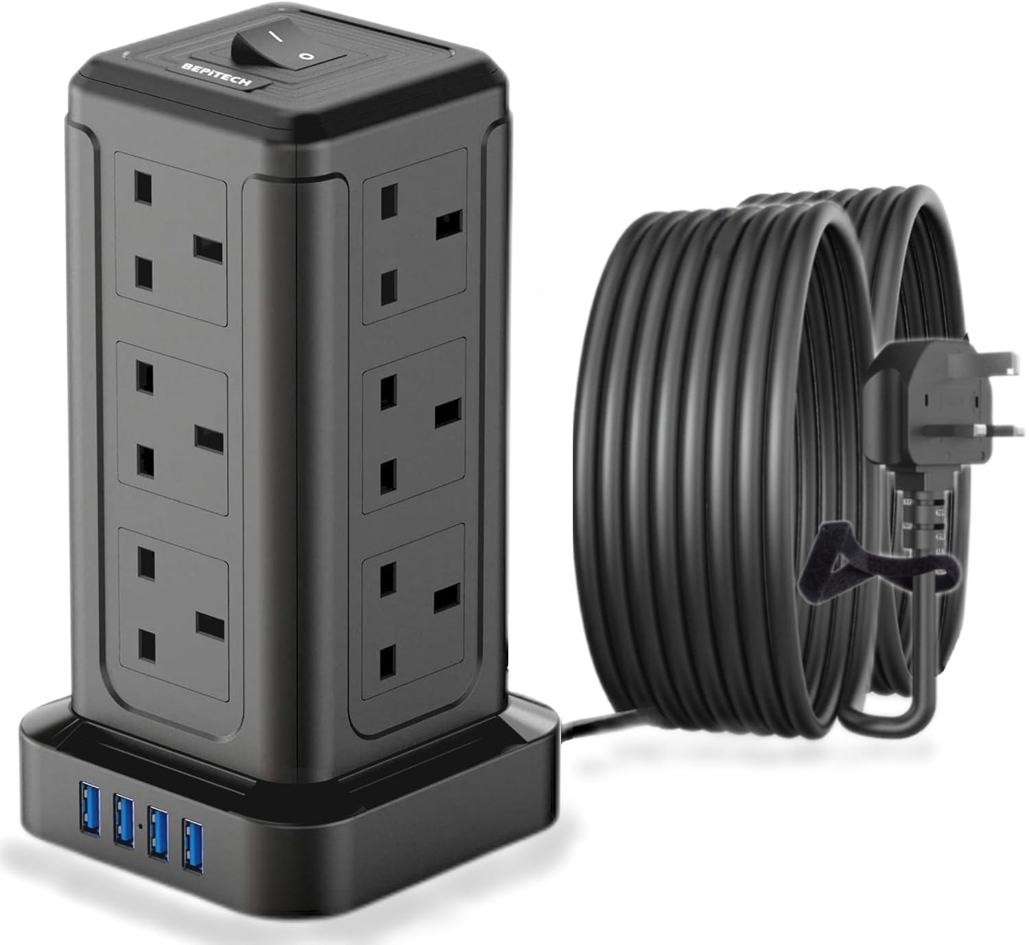 5-meter 16-In-1 Power Extension Cord Tower,12 UK-UAE Power Sockets, Desktop Charging Station 2500W, 4 Smart USB Slots Surge Protected Fire Proof, Heavy Duty Lead Strip for Office Supplies white and black