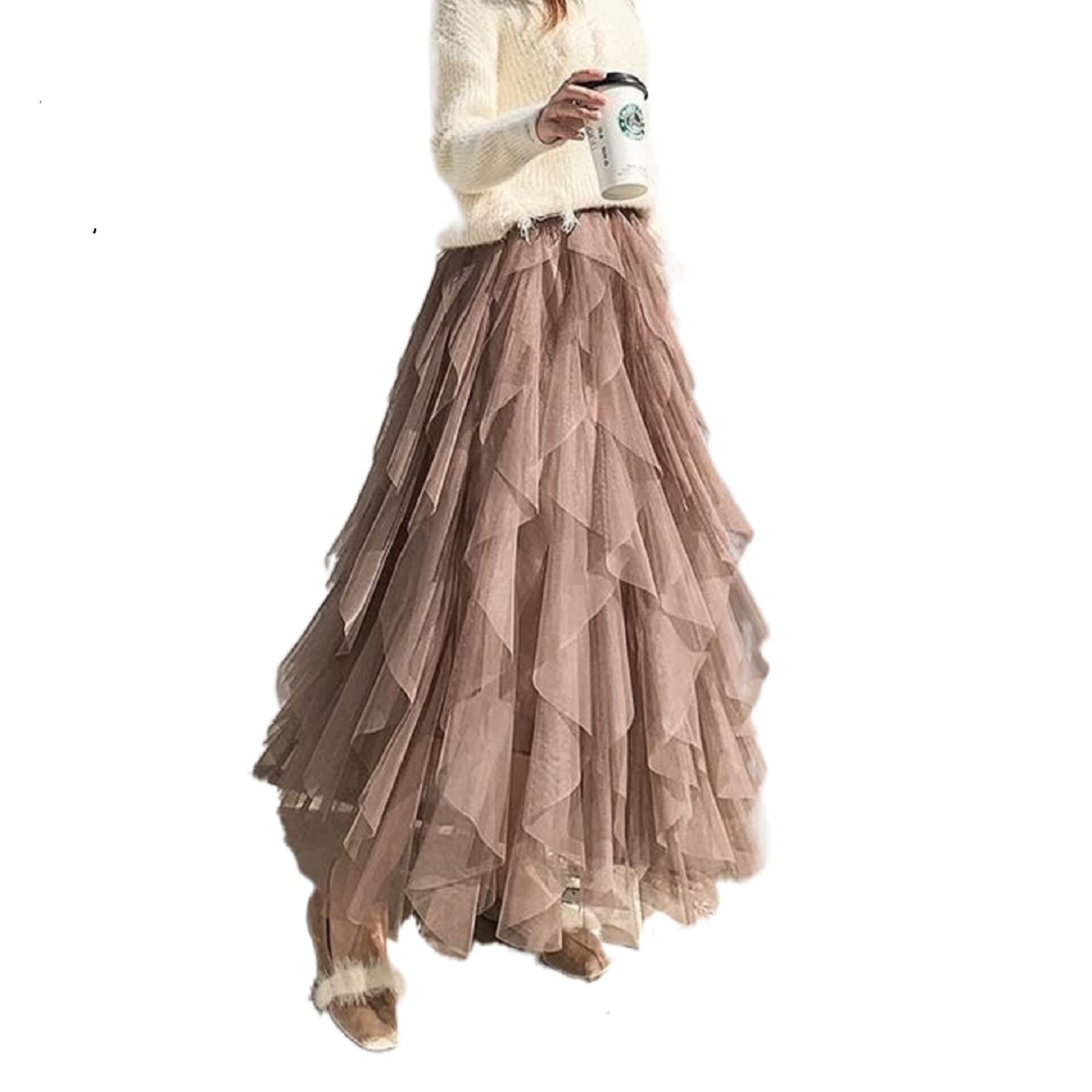 NUFIWIWomen's Tulle Skirts High Waist Layered Midi Skirt Ruffle Aline Tiered Skirt Petticoat for Ballet Prom Party