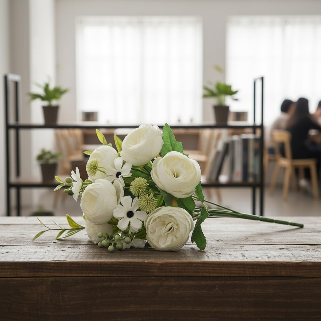 12 Bundles Peony Artificial Flowers, Peonies Artificial Flowers with Peonies and Daisies, Fake Peony Flower Bouquets for Home Decor, Wedding, Table Centerpieces, Indoor & Outdoor Use (white)