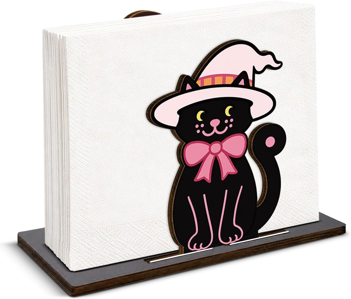 Halloween Decor Pink Witch Cat Wooden Napkin Holder for Table Coquette Witchy Cat Wood Napkin Dispenser Fall Halloween Decorations for Home Kitchen Dining Room Napkins Tissue Holder