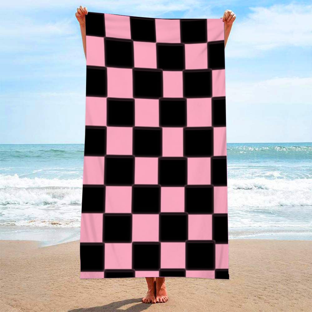 Beach Towel Black Pink Plaid Bath Towels Large Soft Swimming Towels for Adults children Microfibre Beach Towel for Travel Towel Sports Gym Beach Towel 70x150cm