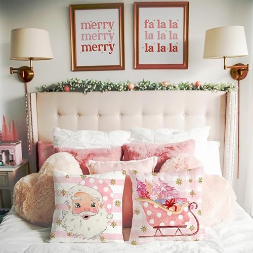Miniatura 5 de Juego de 4 fundas de almohada de Navidad rosas de 20 x 20 pulgadas, fundas de almohada decorativas, fundas de almohada de granja, árbol de Navidad,