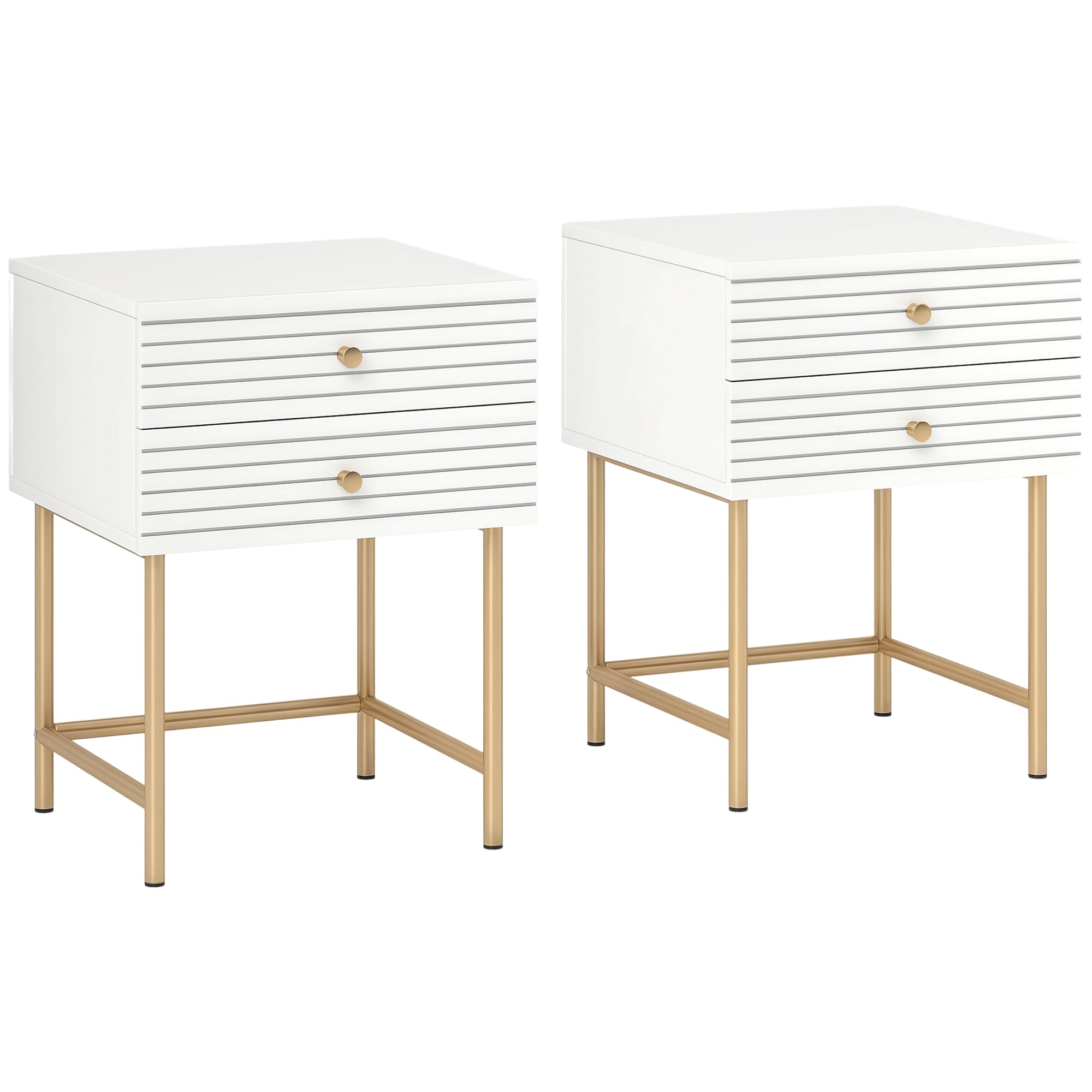 HOMCOM Bedside Tables Set of 2, Bedside Cabinet with 2 Drawers, Gold Steel Le...