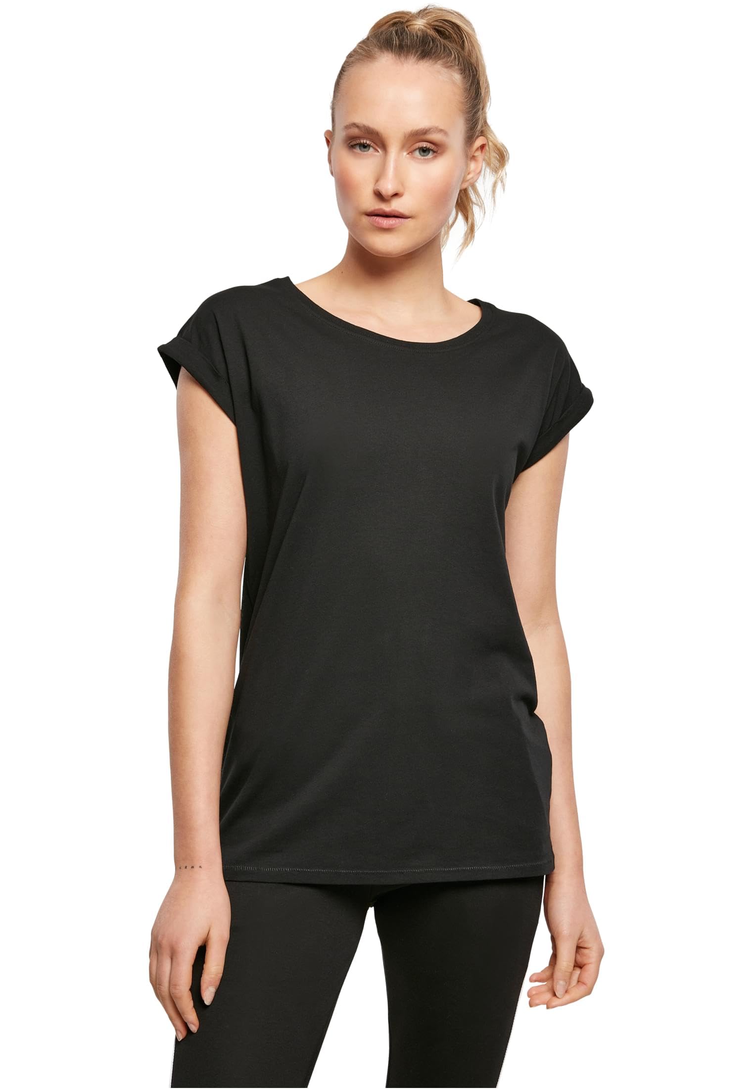 Build your Brand Women's BY138-Ladies Organic Extended Shoulder Tee T-Shirt, Black, XXL, Black, XXL