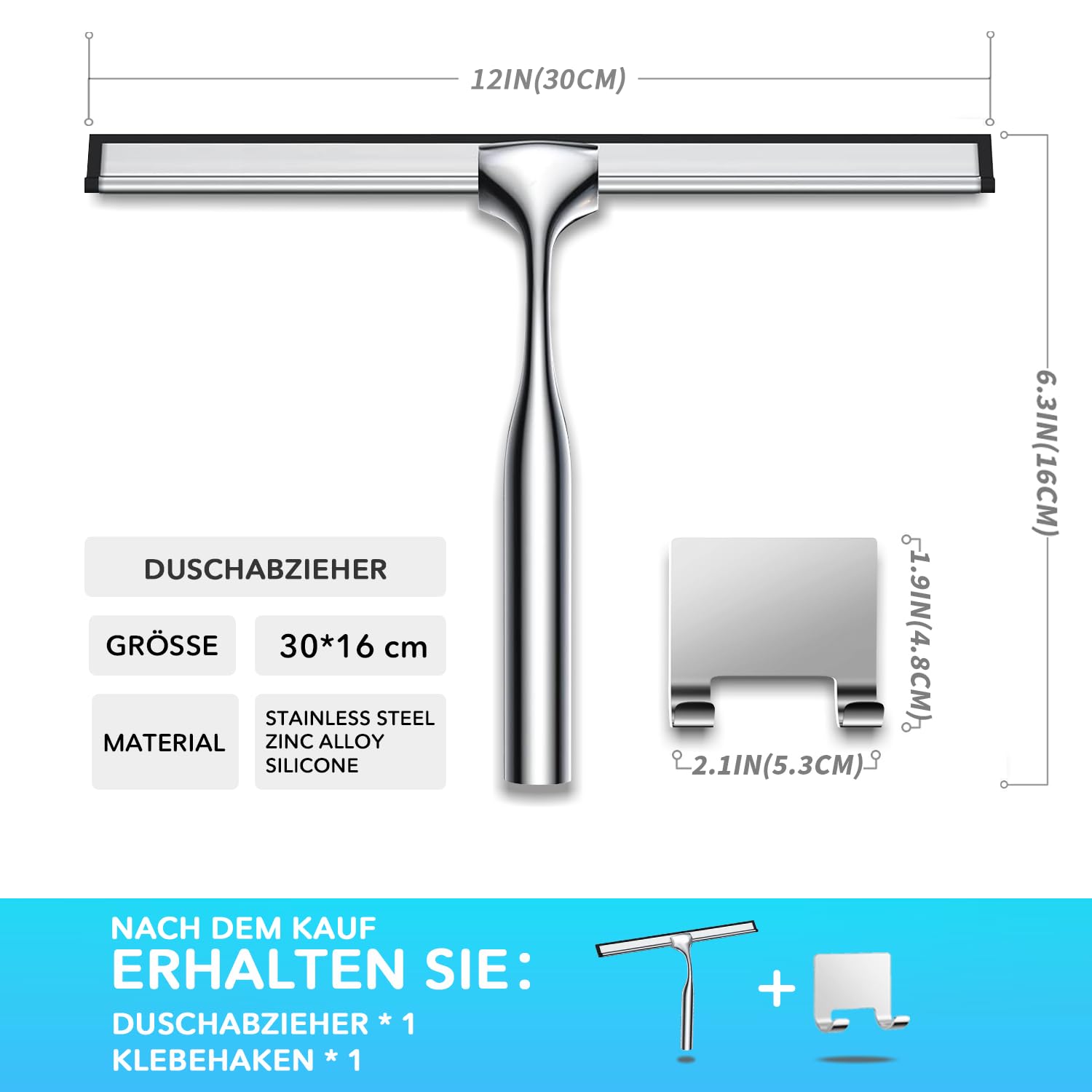 Squeegee Doccia In Acciaio Inox Da 35 Cm Con Gancio Adesivo, Lama In Silicone Antigoccia E Antiruggine, Per Vetri E Piastrelle (nero)