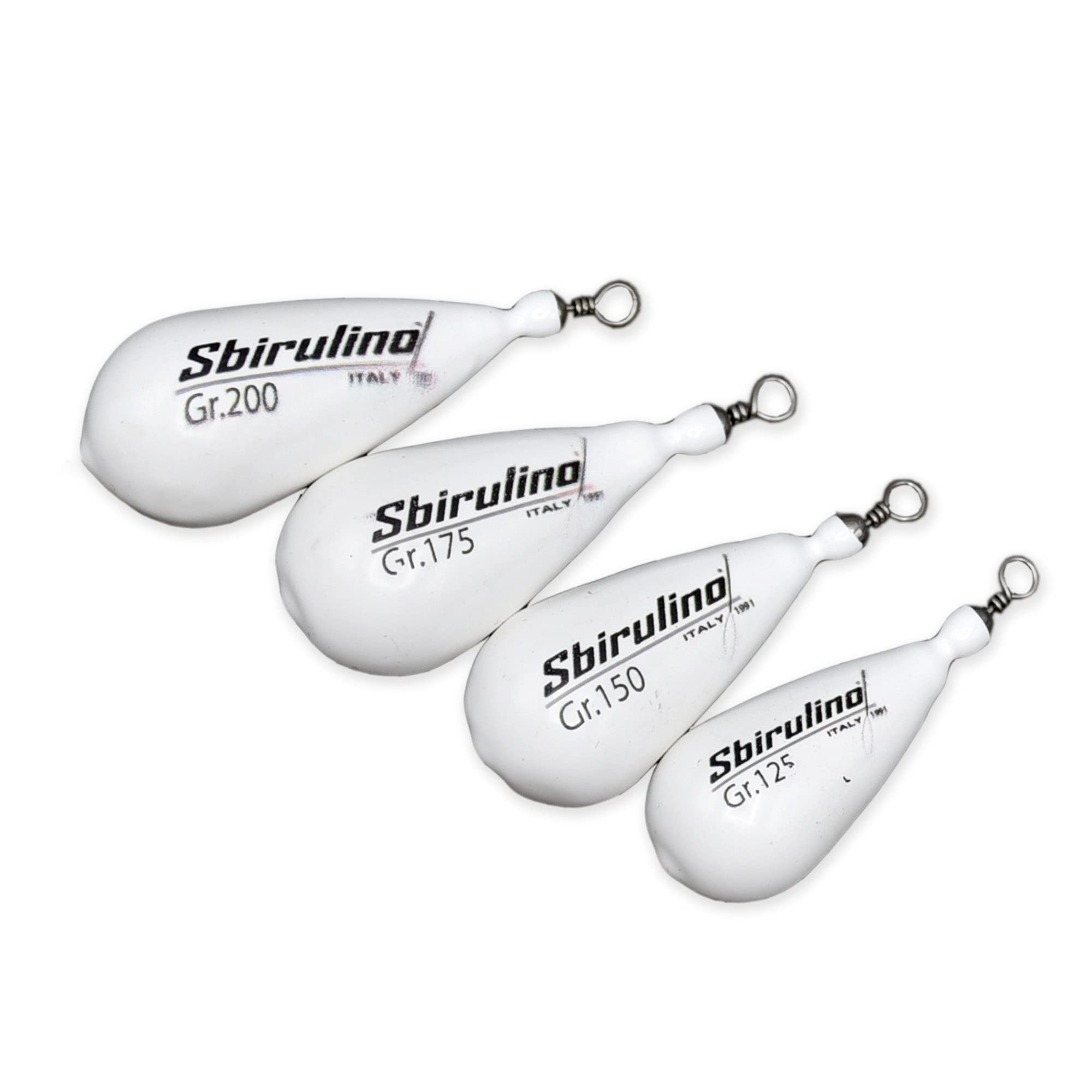 Sbirulino® Set de 4 piezas de lastres de pesca en forma de pera plastificados blancos con vértebra