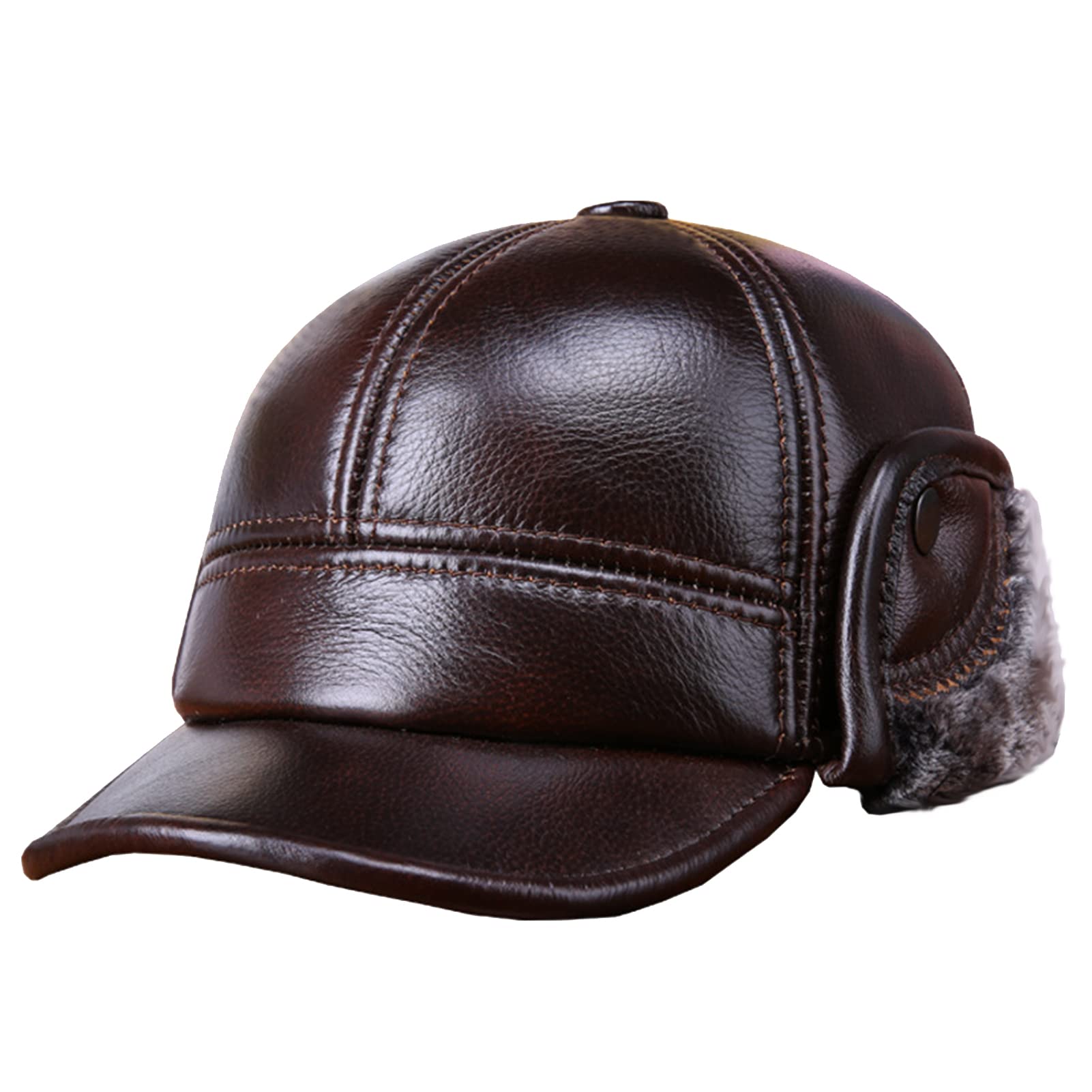 DongBao Men’s Winter Leather Baseball Cap with Earflaps Thick Lined Trapper Hunting Hat Casual Sport Trucker Cap Brown