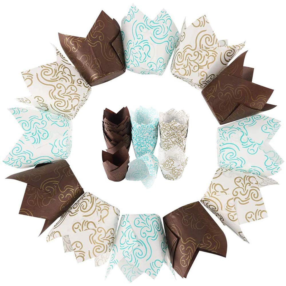 150 Pieces Paper Muffin Cups, Cupcake Muffin Liners Wrappers, Muffin Cases, Tulip Baking Paper Cups, with Auspicious Clouds Pattern, Used for Home and Party Wrapping Cakes（Blue, Gold, Coffee）