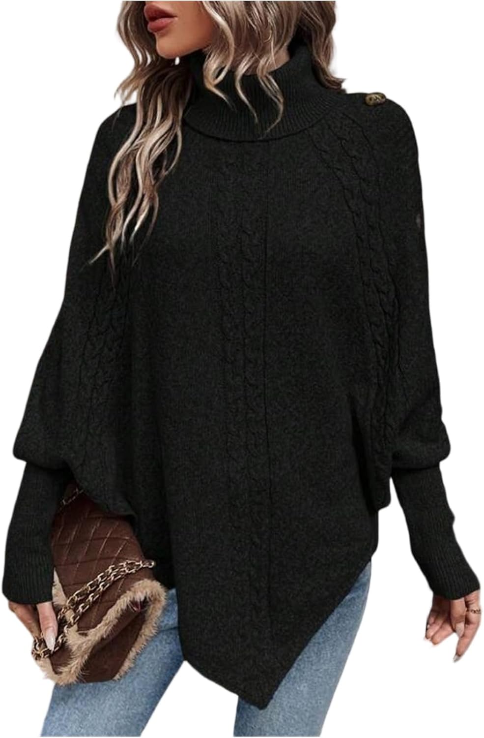 Womens Dressy Sweater Mock Neck Lightweight Crochet Pullover Jumper Asymmetrical Hem,S-XL
