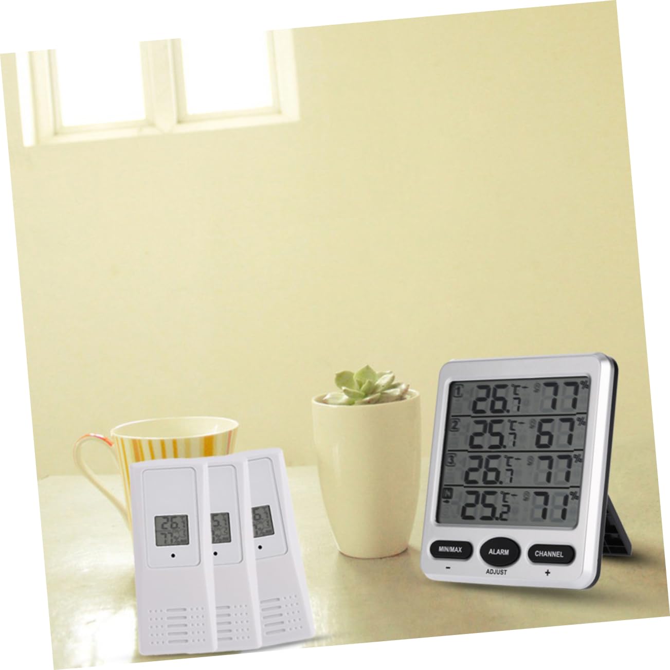 Termoigrometro Wireless Bianco Modello Ws-10 con Ricevitore e 3 Sensori | Plastica, Trasmissione senza Fili, Misurazione Accurata, per Allevamento e Cantina del Vino