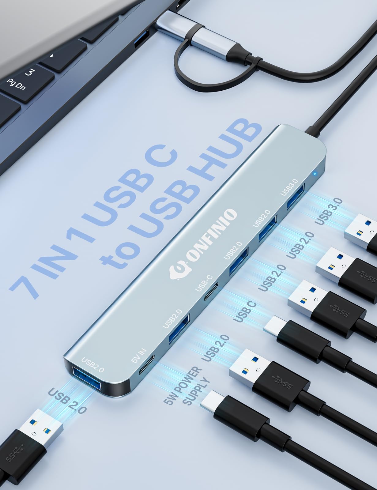 ONFINIO Hub USB C Hub wieloportowy adapter, 7 w 1 aluminiowy koncentrator USB 3.0 z 1 * USB 3.0, 4 x USB 2.0, 1 x USB C i 1 x port zasilania 5 IN do PC/laptopa/MacBooka/iPada Pro i innych urządzeń