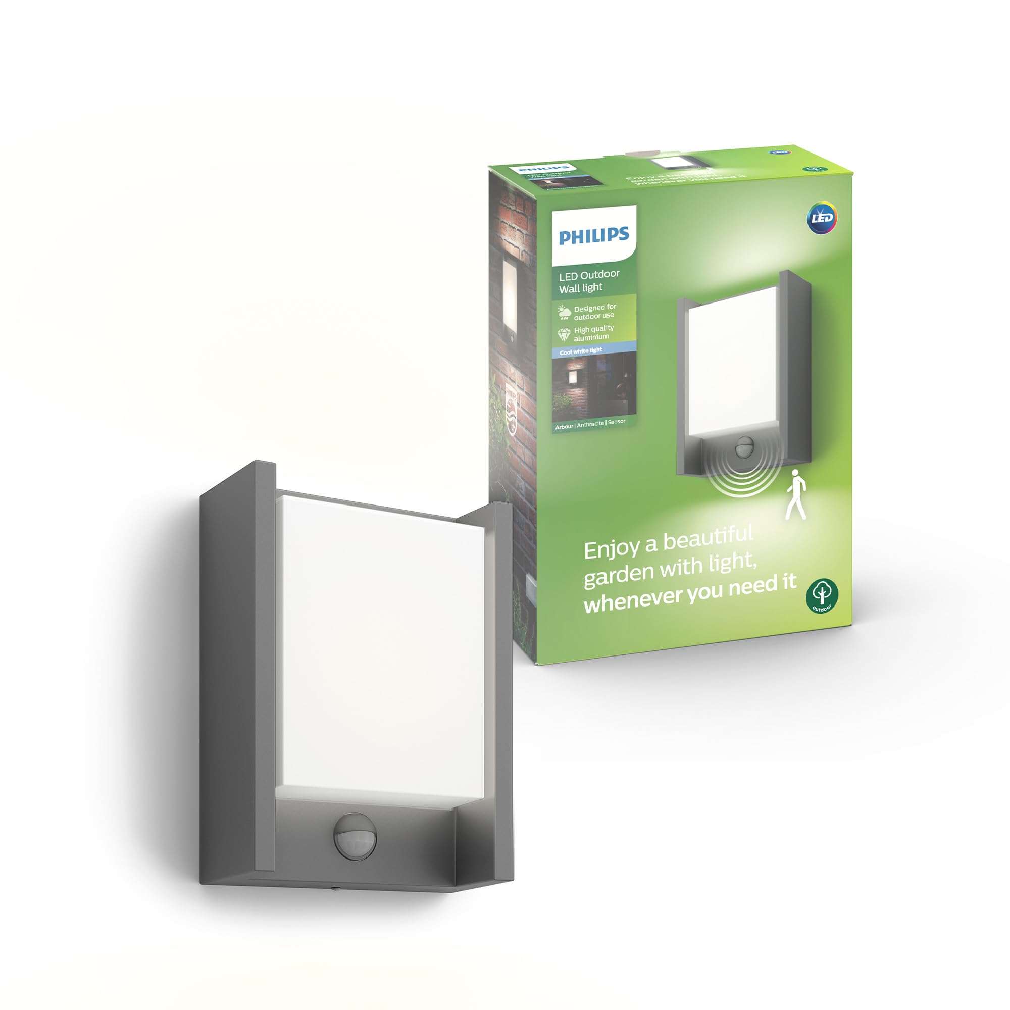 Philips Arbour LED-Wandleuchte, Außenleuchte mit Bewegungsmelder, Außenbeleuchtung, 6 W, 750 lm, 4.000 K Kaltweißes Licht, IP44-Wetterfest, Integrierte LED, Langlebig, Anthrazitgrau