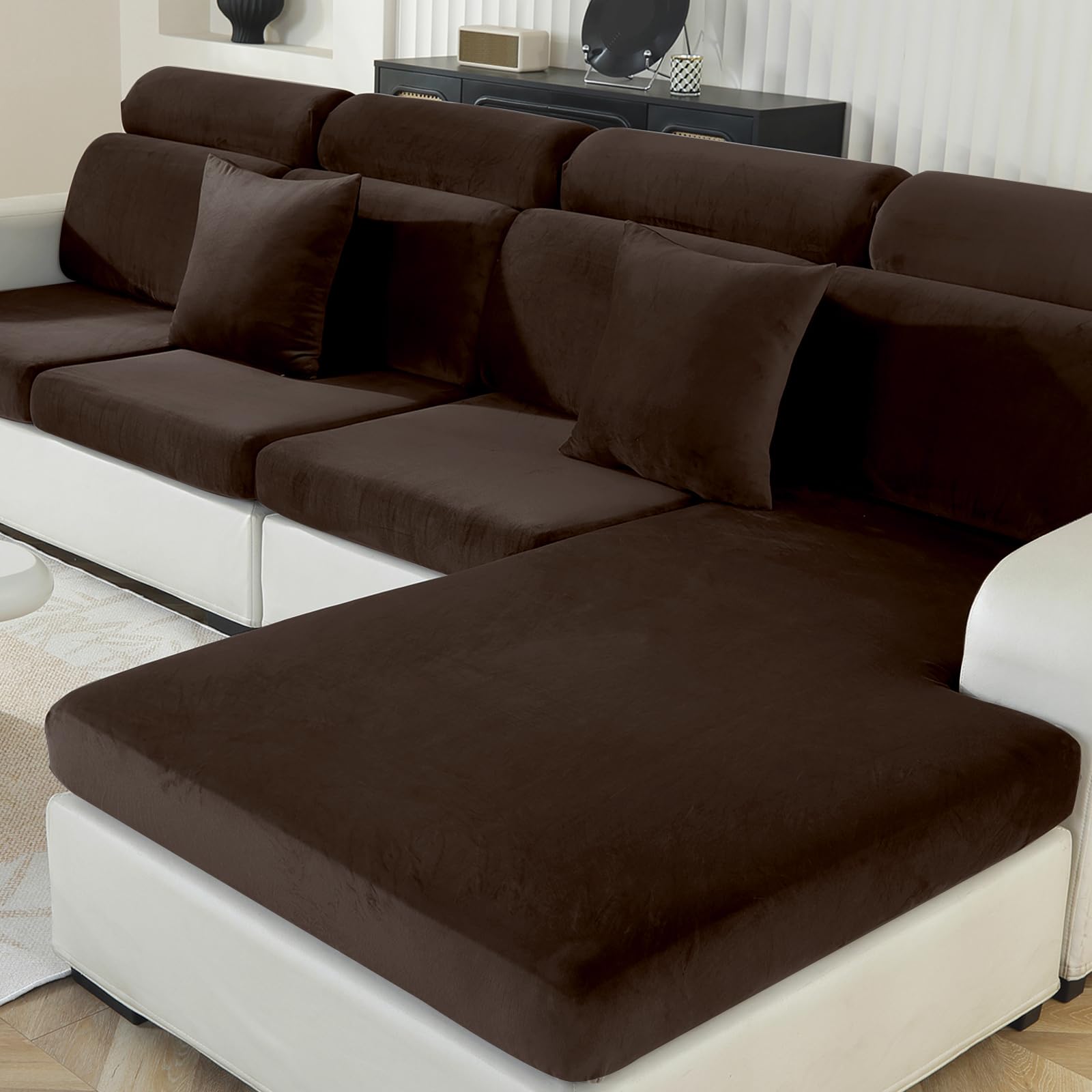 Ystyle Sofa Sitzkissenbezug Stretch, Elastischer Samt Sofa Sitzbezug rutschfest, Universal Sofaschoner Sitzfläche Waschbare, Sofakissen Bezug Sofabezug (1 Sitzer*3+Chaiselongue, Dunkel Kaffee)