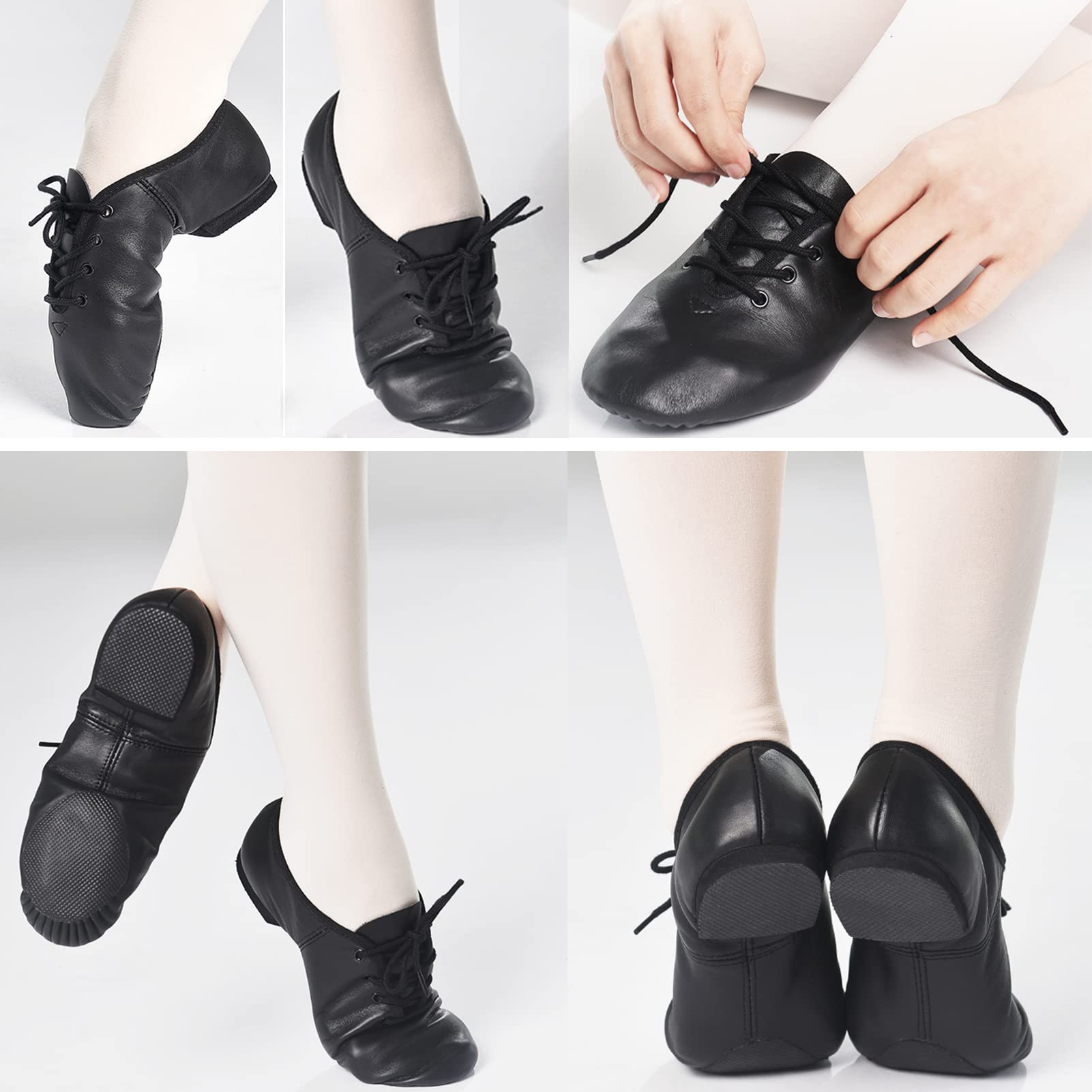 DANCEYOU Chaussures de Jazz – Cuir Fin, Lacets, Semelle divisée – Chaussures de Danse pour Adolescents et Adultes – Noir