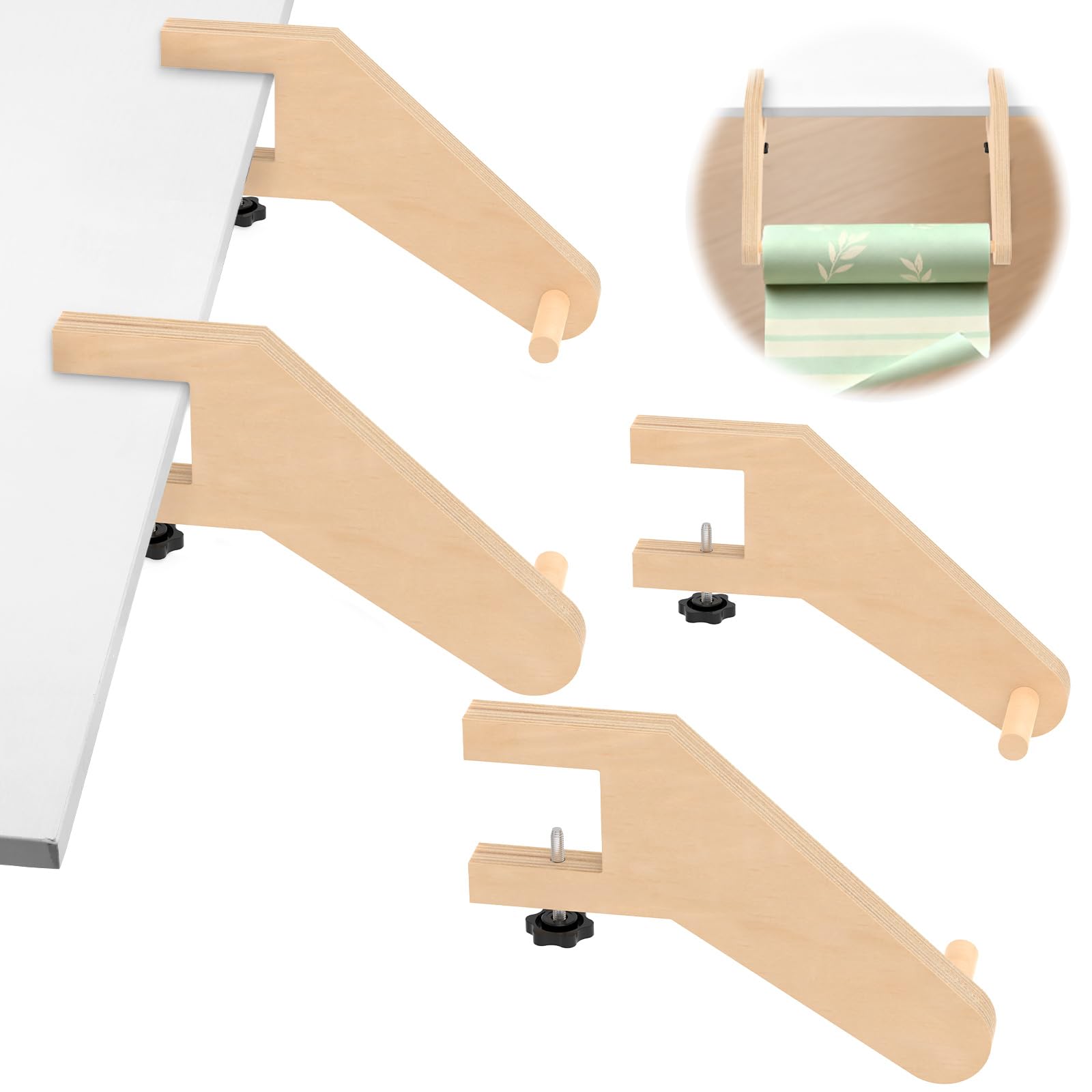Ghshanog Wooden Craft Paper Roll Holder Dispenser,Multifunctional Round Paper Roll Dispenser, Fits D2–5cm Thick Rolls,Tabletop Easel Wrapping Papers Dispensers for Drawing Writing Doodle Art(2 Pairs)