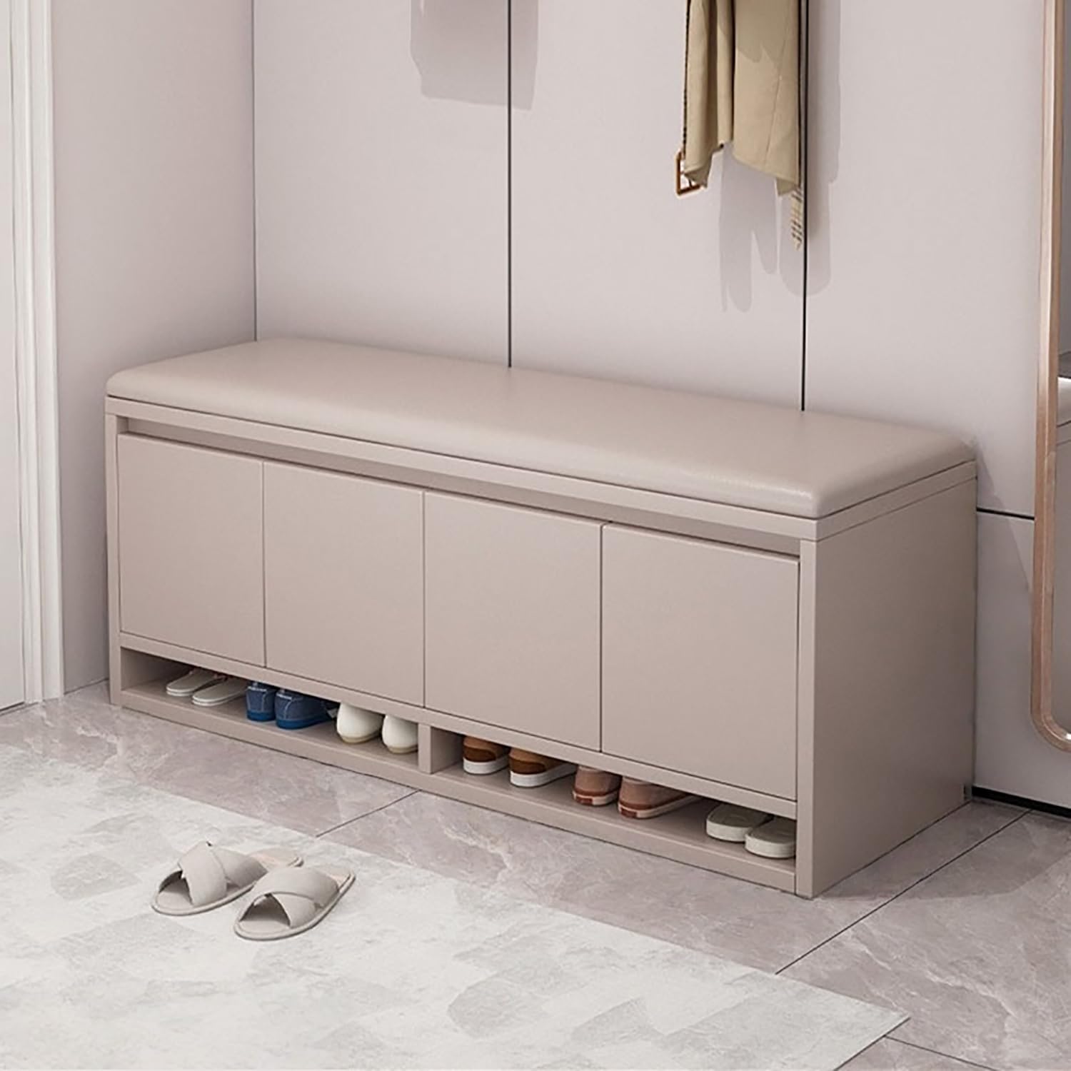 HWLYJQSNL Wood Shoe Storage Bench with Thickened Padded Seat Cushion 2-Tier Shoe Rack Entryway Bench with Doors Adjustable Shelf And Open Compartments, for Hallway,Living,Beige,120×35cm