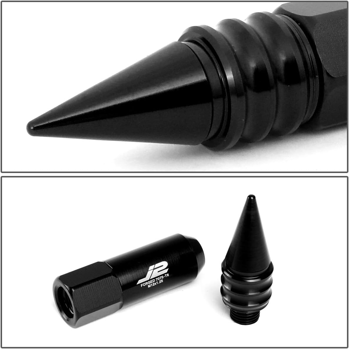J2 Engineering 20Pcs M12 x 1.25 7075-T6 Aluminum 107mm Spiked End Lug Nut w/Socket Adapter (Black)