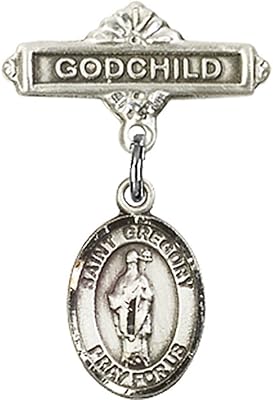 Sterling Silver Baby Badge with St. Gregory The Great Charm and Godchild Badge Pin 1 X 5/8 inches