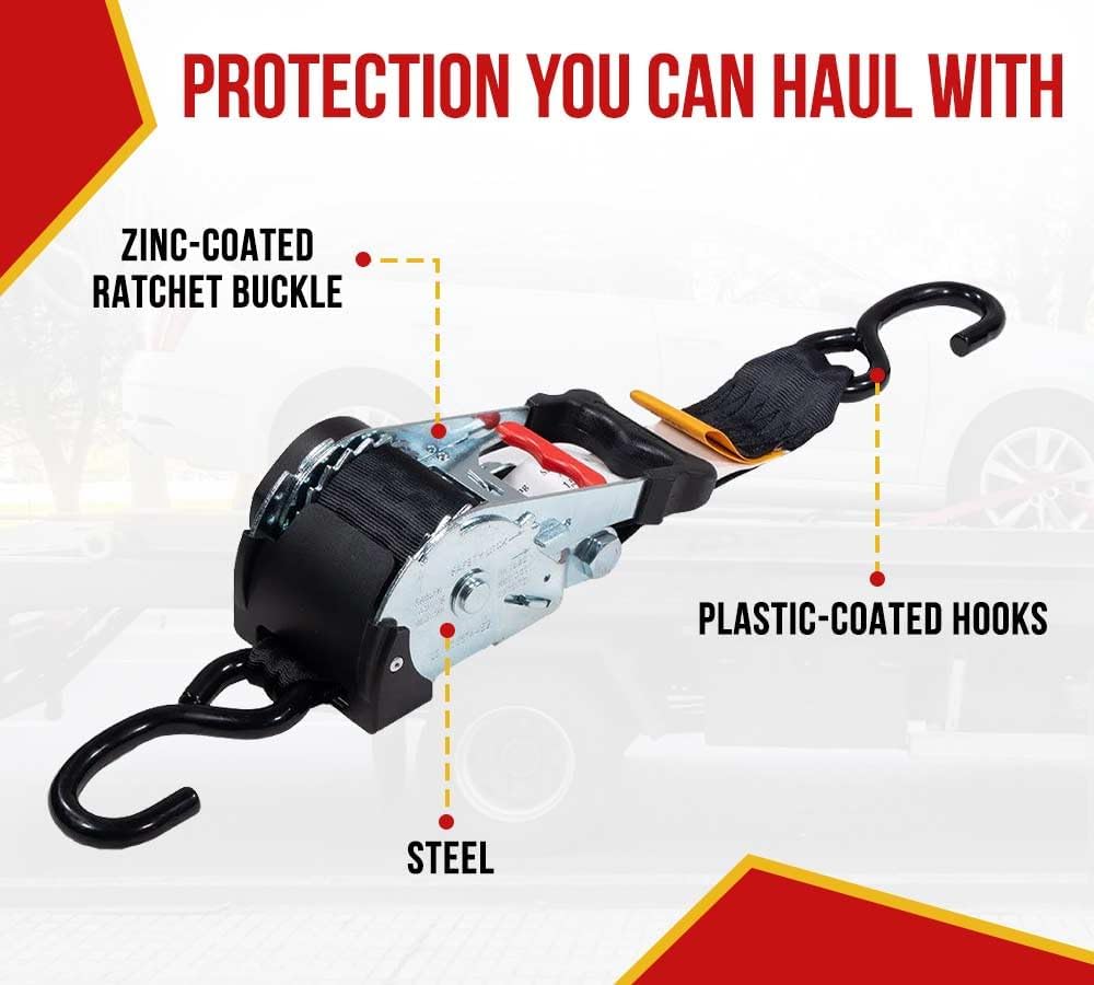Mytee Products (4 Pack) 2" x 10' Auto Retract Ratchet Straps | Quick n Easy Retractable Ratchet Straps with Coated S Hook Tiedowns for Motorcycles, ATVs, Bikes: Tight & Secure Pickup Trailer Tie-Down - Image 5