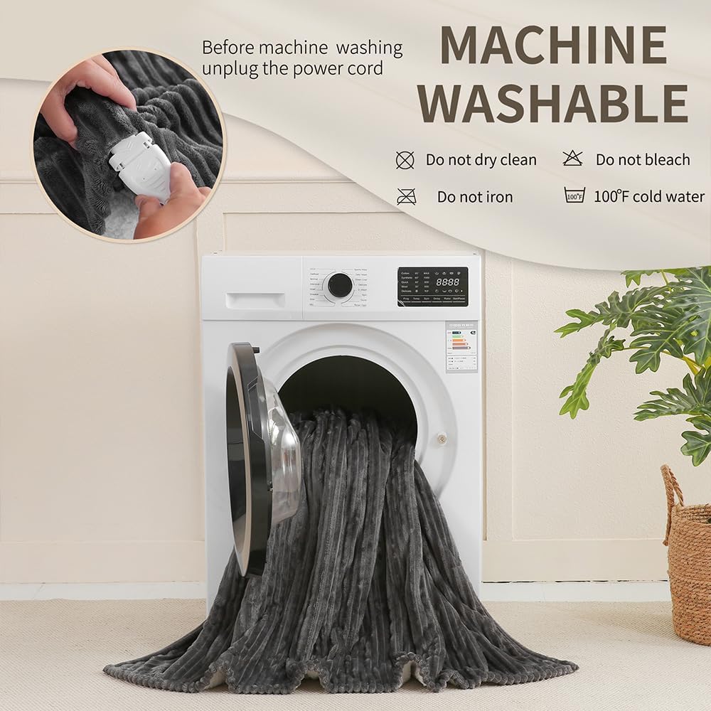 Sheet&Joy Heated Blanket Electric Grey Throw - 50"x60" Heating Blanket Throw 1/2/4/6/8 Hours Auto-Off 8 Heat Level Over-Heat Protection Ribbed Flannel Sherpa Electric ETL Certification - Image 7