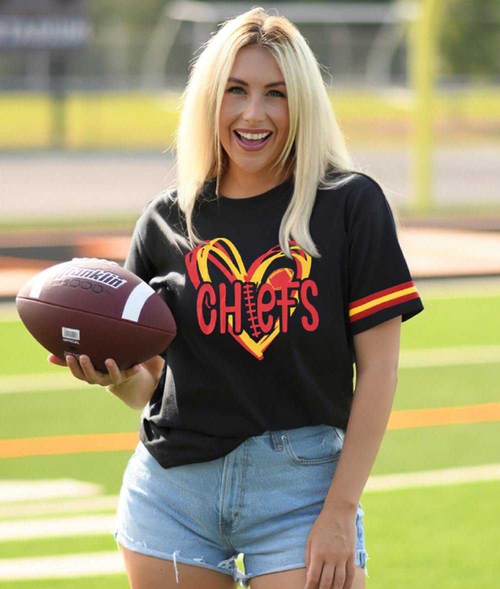 Football Shirt Women Game Day Tshirt Football Season Short Sleeve Tops Team Fans Heart Graphic Outfits Merch - Image 5
