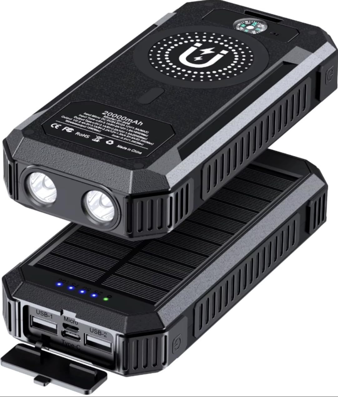 Power Bank Solar 20000 mAh con ricarica wireless - Batteria esterna impermeabile con pannello solare, ricarica rapida USB e USB-C, torcia e bussola - caricabatterie portatile per iPhone, Samsung