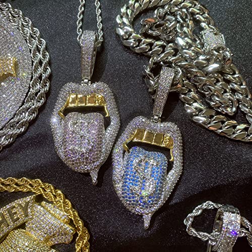 Icediamond Big Crazy Dollar Blazing Tongue Creative Pendant Necklace, Iced Out Bright Blue-Purple Cz Lab Diamond With White Gold Plated Hip Hop Charm Jewelry For Men (Blue) #TOP1