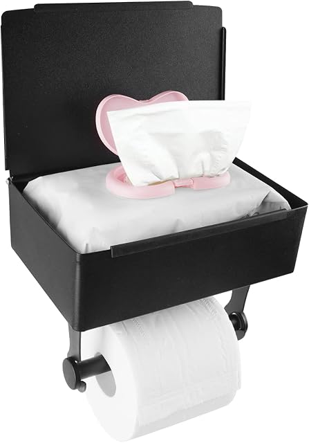 Toilet Paper Holder with Flushable Wipes Holder and Shelf for Bathroom, Stainless Steel Wall Mount Tissue Holder Paper Roll with Wipe Storage Matte Black