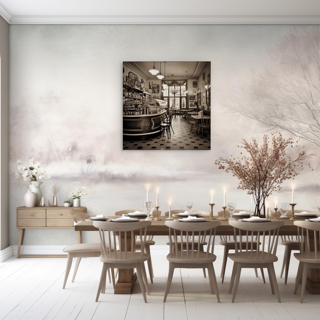 Canvas for Living room. Stepping Back in Time: Elegance and Solitude in a Vintage Black and White Cafe, 27 x 18 inch Canvas Wall Art - Contemporary Masterpieces - Retro Home Decor