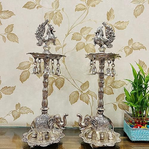 Image of German Silver Peacock Samai Pair | Diya Stand Set of 2 with Elephant Base & Plate | Big Size Deepam for Pooja, Temple & Home Decor | Kuthu Vilakku Oil Lamp | 20 x 6.5 Inch | Hand Engraved