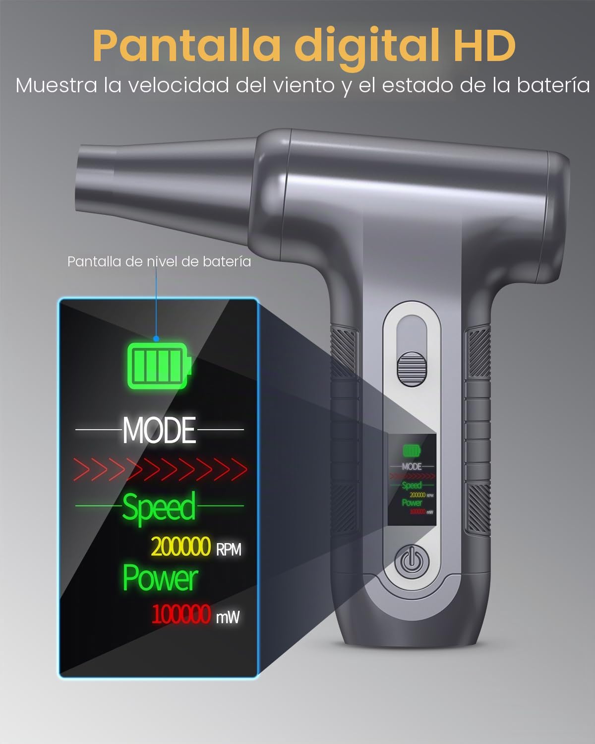 Soplador de Aire Potente con Pantalla Digital HD - Air Duster 200000 RPM con Luz LED, Batería 6000 mAh, Aire Comprimido Limpieza PC, Coche, Oficina, Sustituto de Spray Aire Comprimido, W06-Plata
