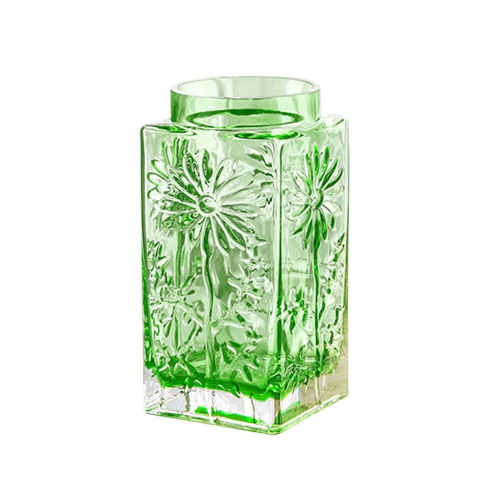 Unique Square Clear Glass Vase Small Wrinkled Daisy Decorative For Roses Aesthetic Room Decor(12 * 12 * 25CM)