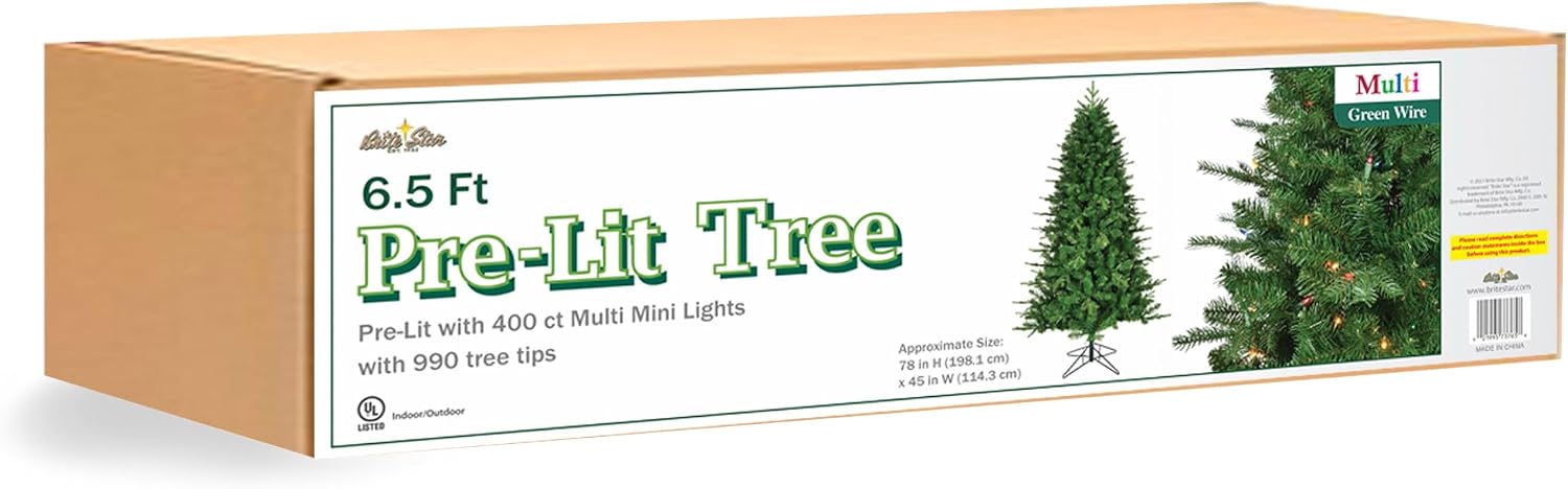 Brite Star Pre-Lit Artificial Christmas Tree - 6.5 Feet Tall with 400 Multi Mini Lights - Realistic, Easy Setup, with Stand - Perfect for Christmas Decorations