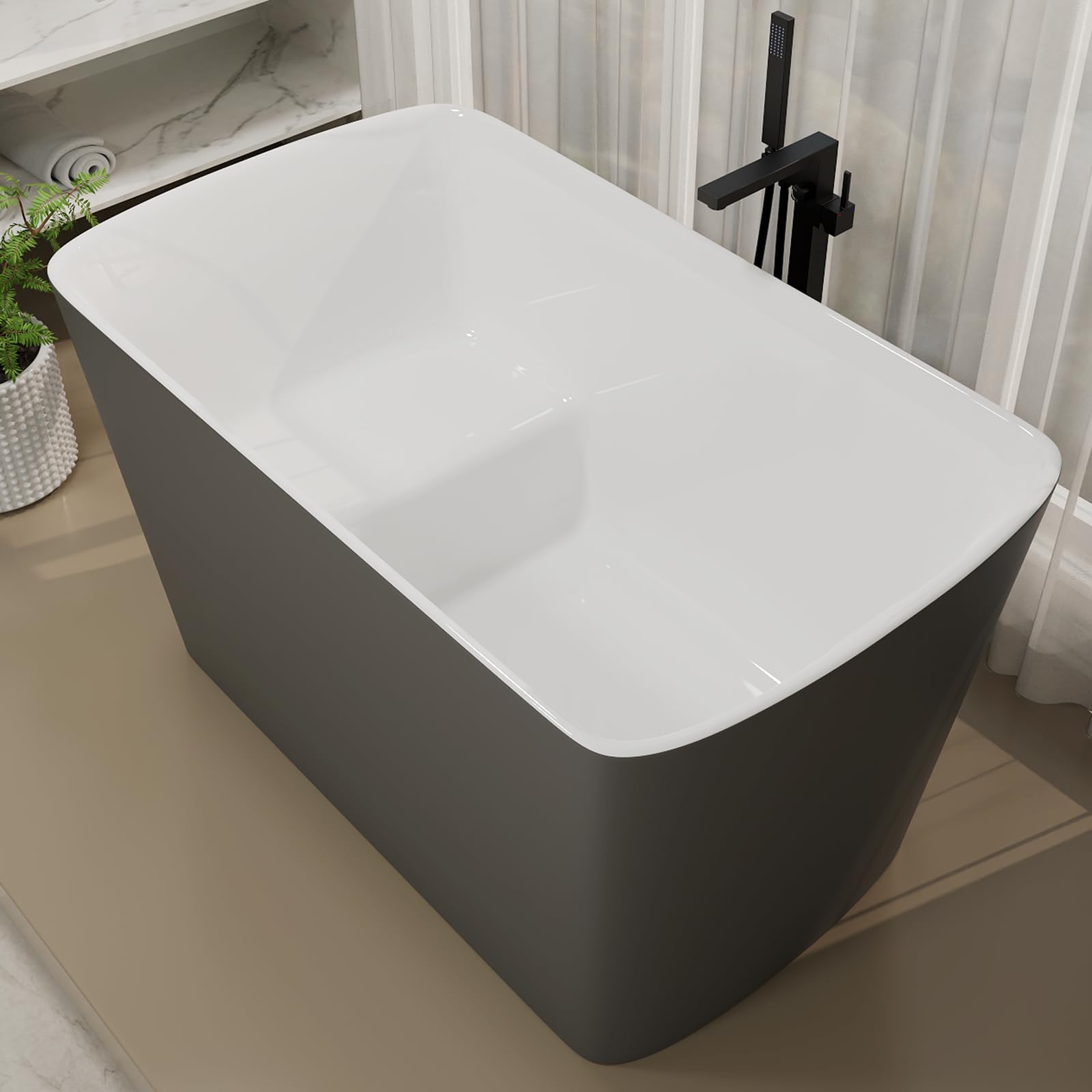 47" Lucite Acrylic Freestanding Bathtub，Square Shape Janpanese Soaking Tub with Seat Desgin,Toe-tap Chrome Right Drain, Slotted Overflow, cUPC Certified, 37° Gray