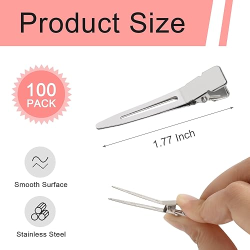 Miniatura 2 de Paquete de 100 clips de pico de pato de una sola punta, de 1.77 pulgadas, sección de ajuste plateado, pinzas de cocodrilo de metal para extensiones